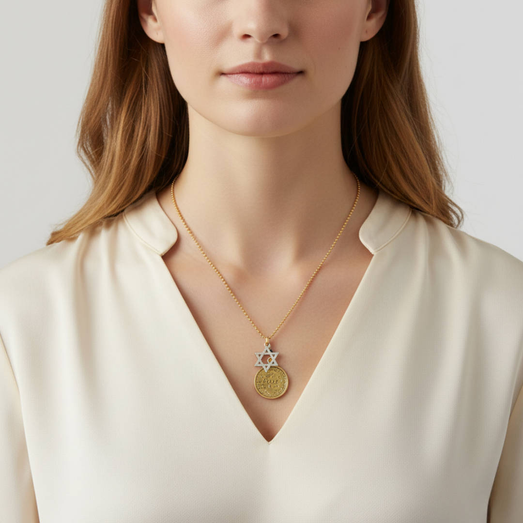 Woman wearing a gold necklace with a medallion and Star of David pendant on a plain background