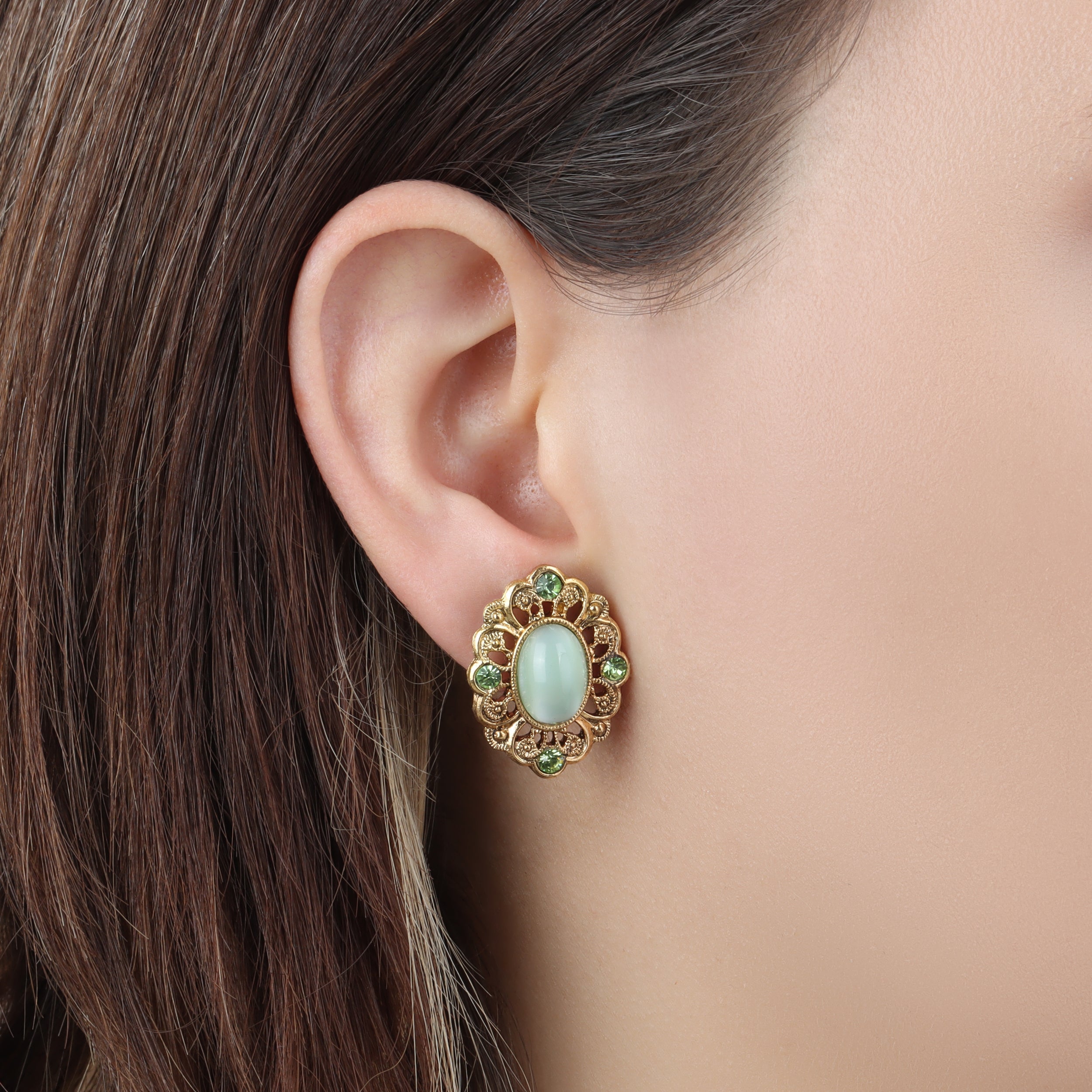 1928 Jewelry Celestial Green Oval Moonstone Peridot Crystal Post Earrings