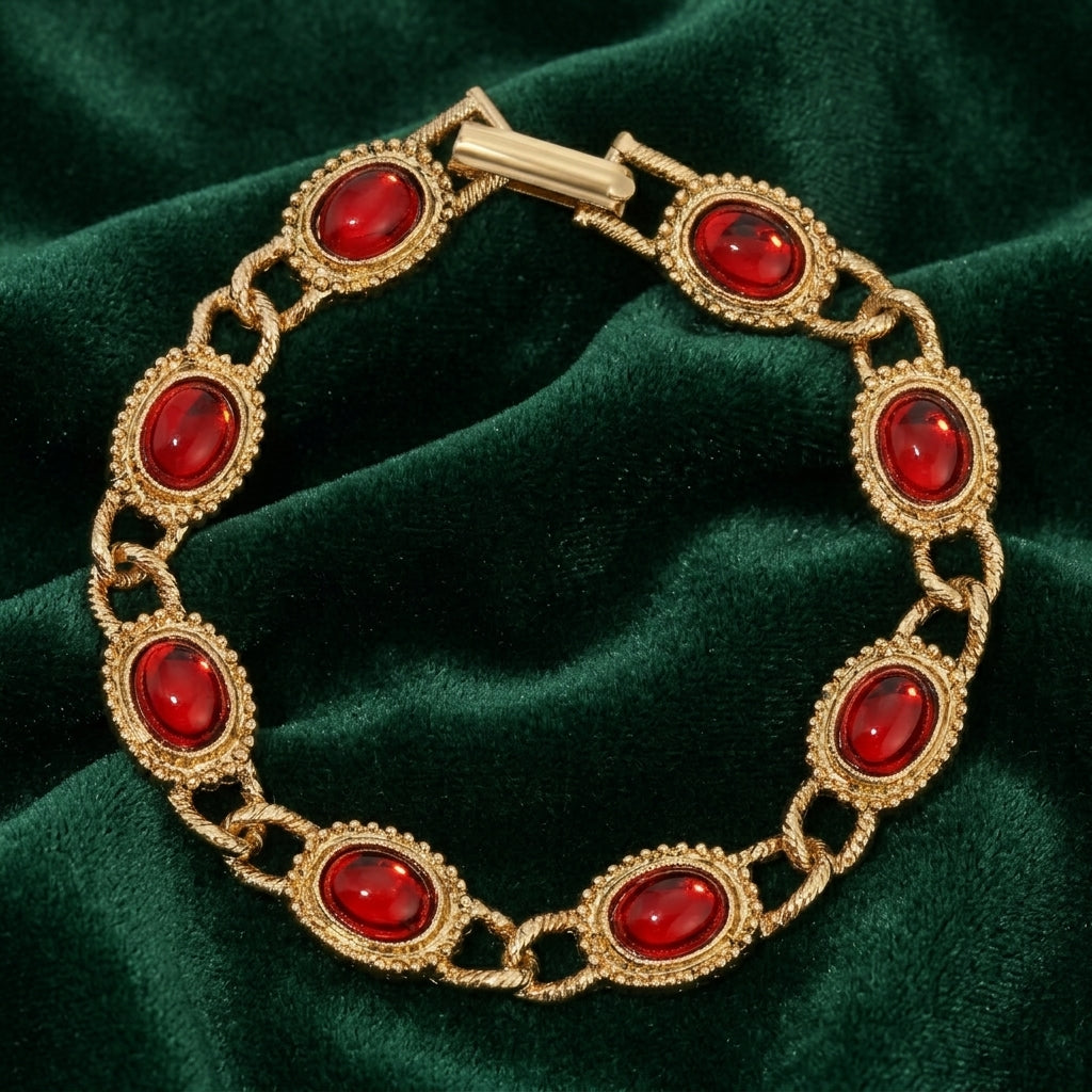Gold bracelet with red gemstones on a green velvet background