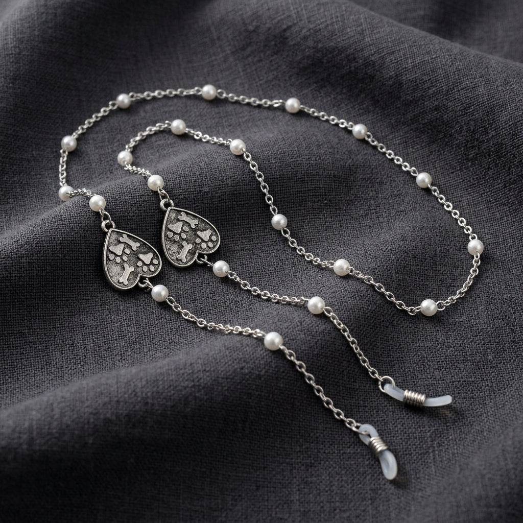 Silver tone Paws & Bones Heart Round Faux Pearl Eyeglass Holder Necklace on dark linen