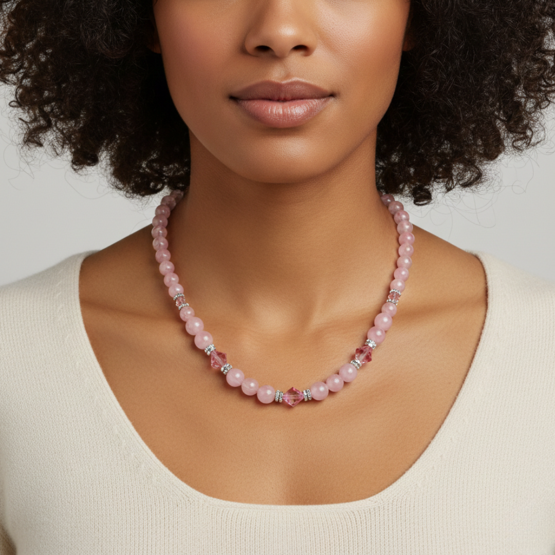 Woman wearing a pink beaded necklace against a neutral background