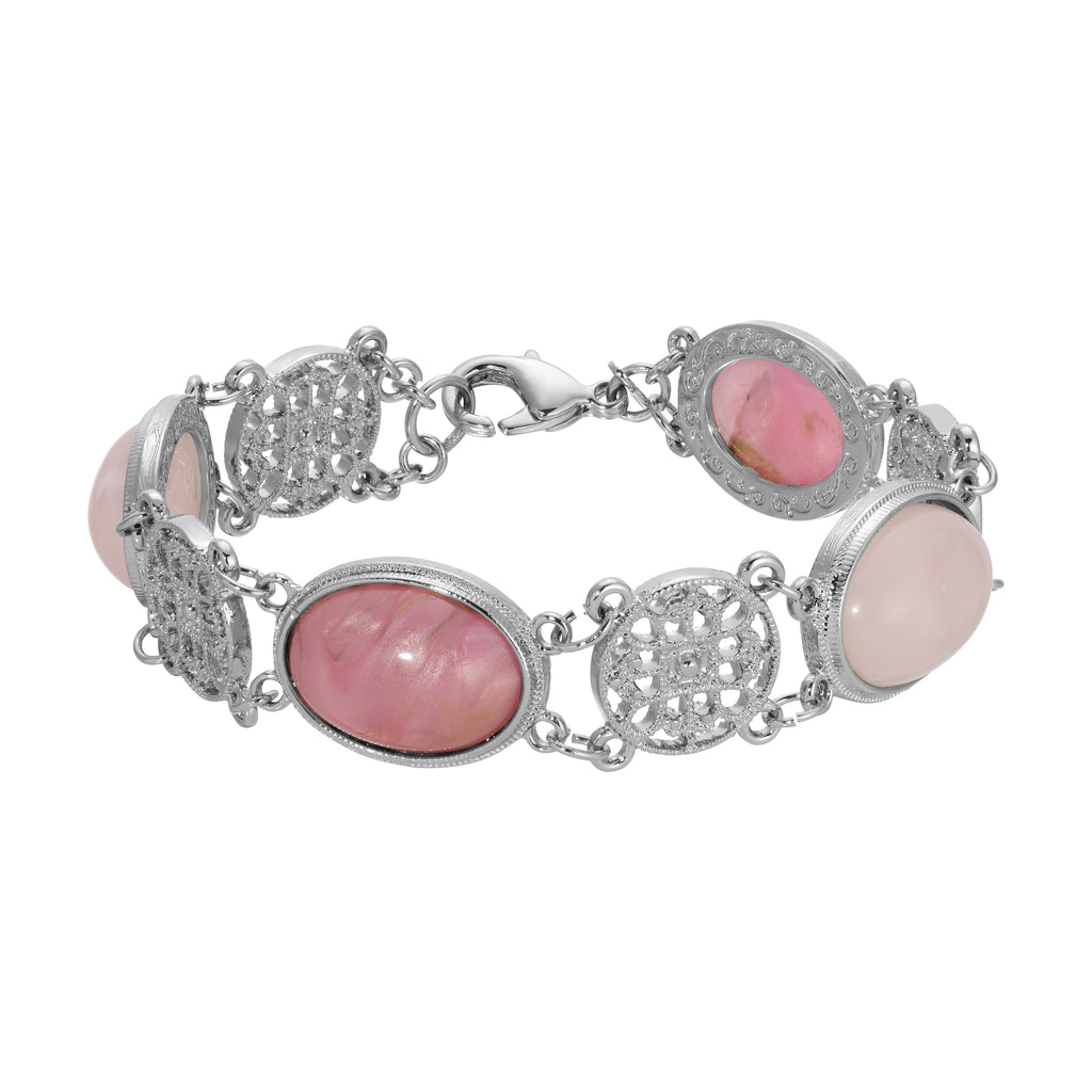 1928 Jewelry Roseate Paradise Meso Filigree Oval Rose Pink Quartz & Pink Stone Link Bracelet