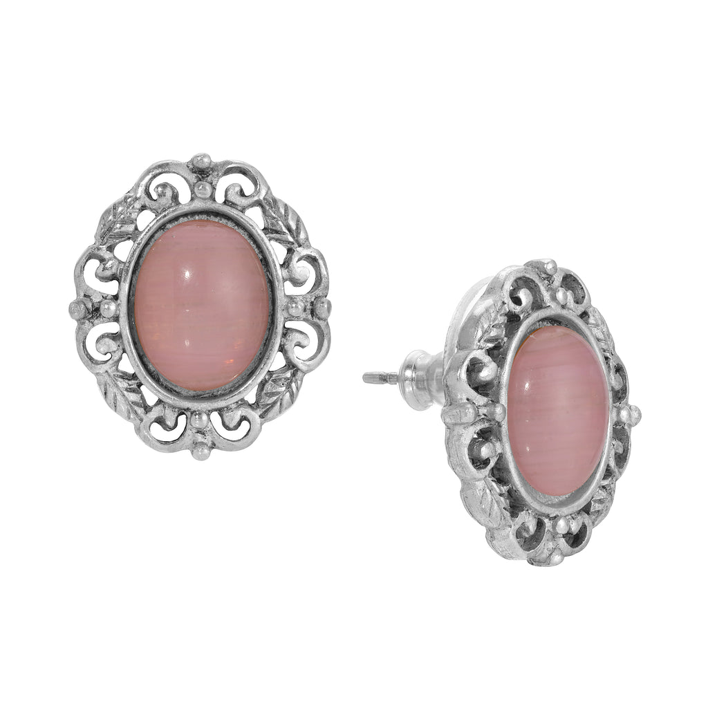 1928 Jewelry Roseate Paradise Oval Rose Quartz Glass Stone Filigree Leaf Stud Earrings