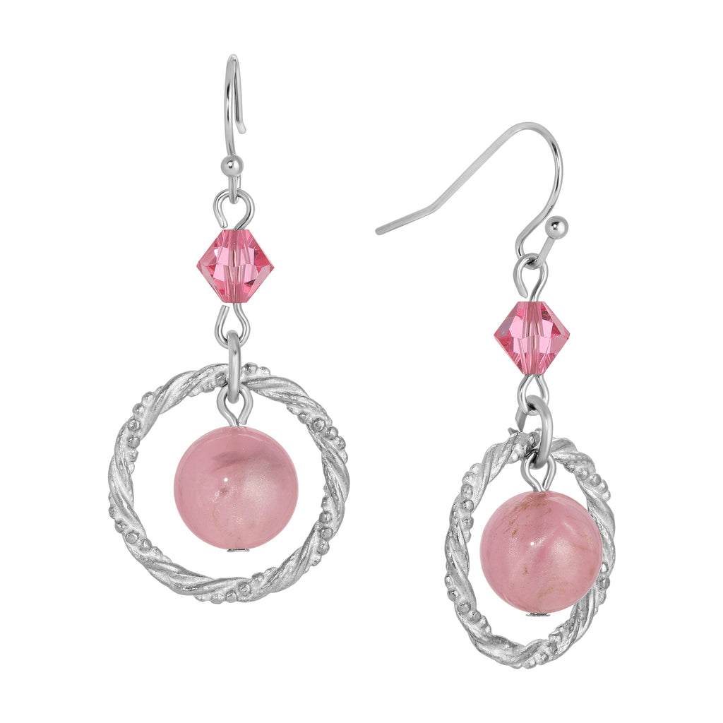 1928 Jewelry Roseate Paradise Rose Pink Crystal Twisted Hoop & Pink Bead Dangling Earrings