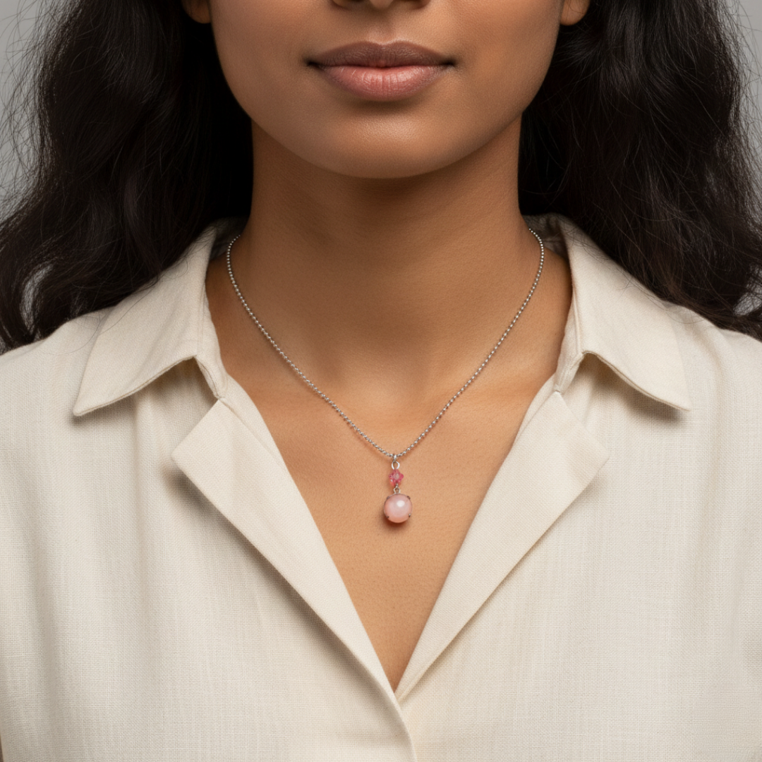 Woman wearing a necklace with a pink pendant against a neutral background