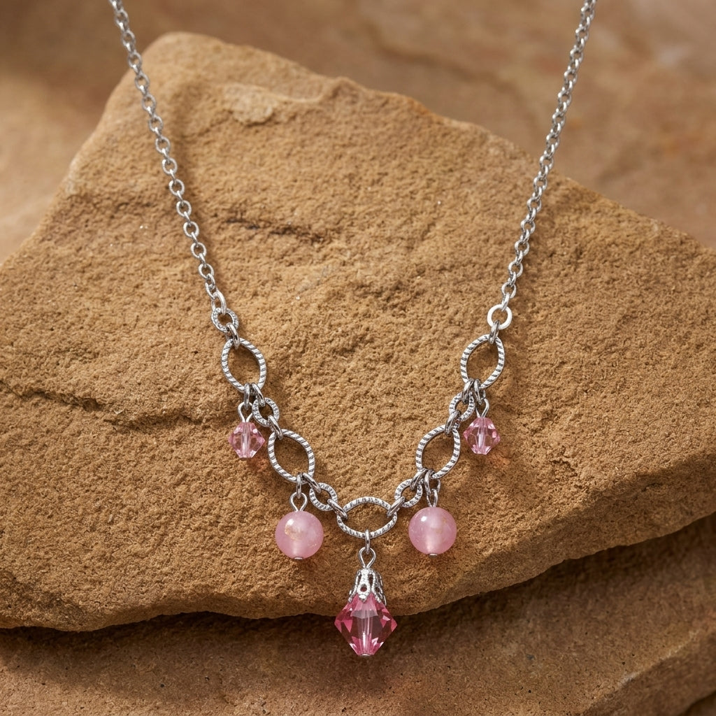 Necklace with pink stones and crystals on a brown stone surface