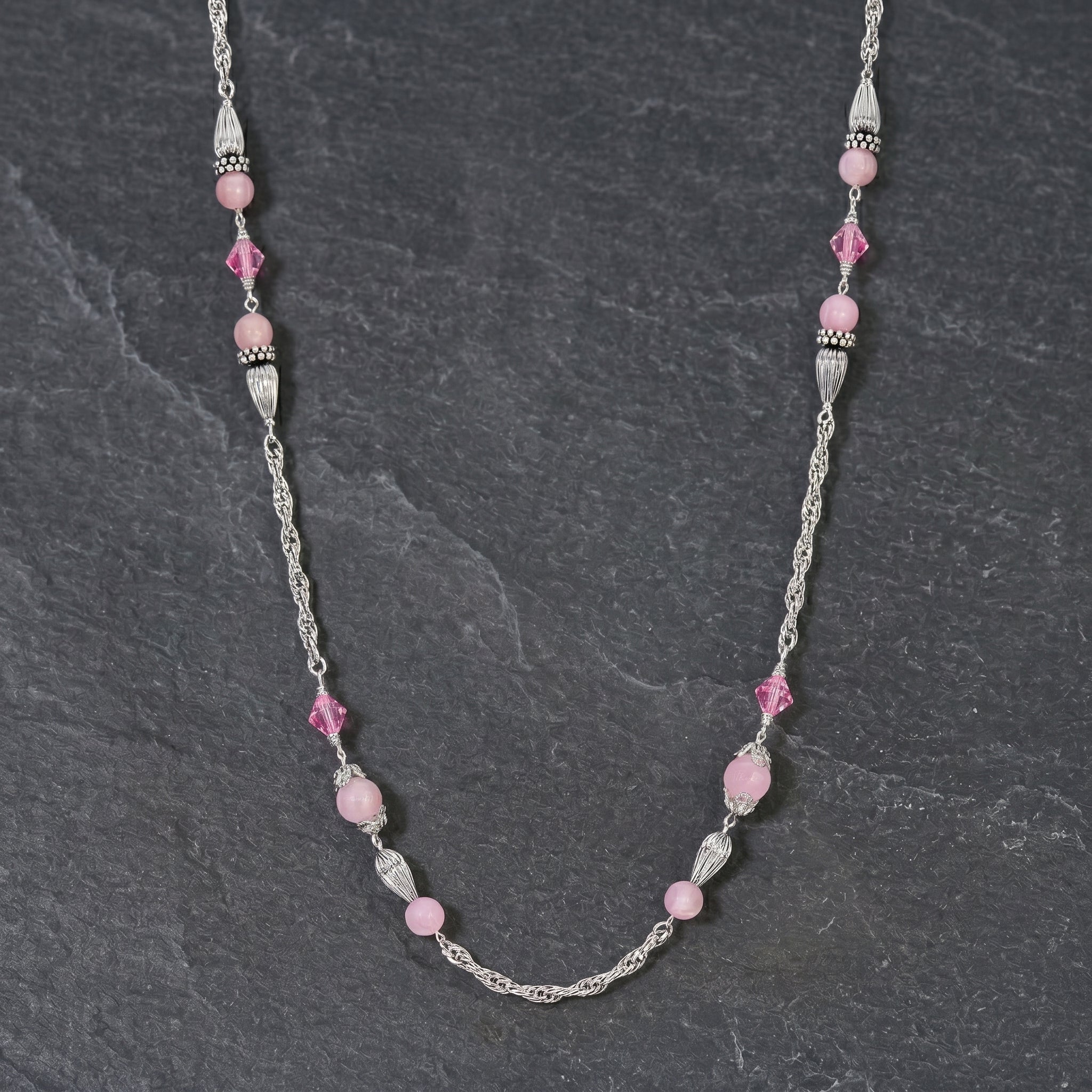 Roseate Paradise Peppermint Pink Rose Austrian Crystal Beaded Necklace on black stone 