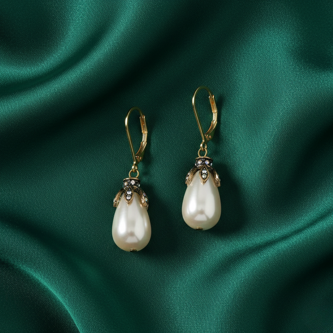 Faux pearl earrings on a green satin background