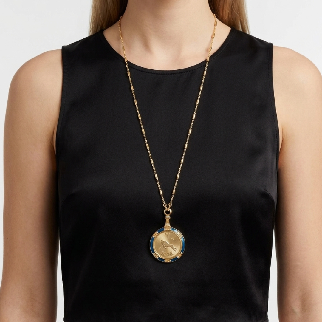 Person wearing a black sleeveless top with a gold Ares astrological sign necklace featuring a large pendant.