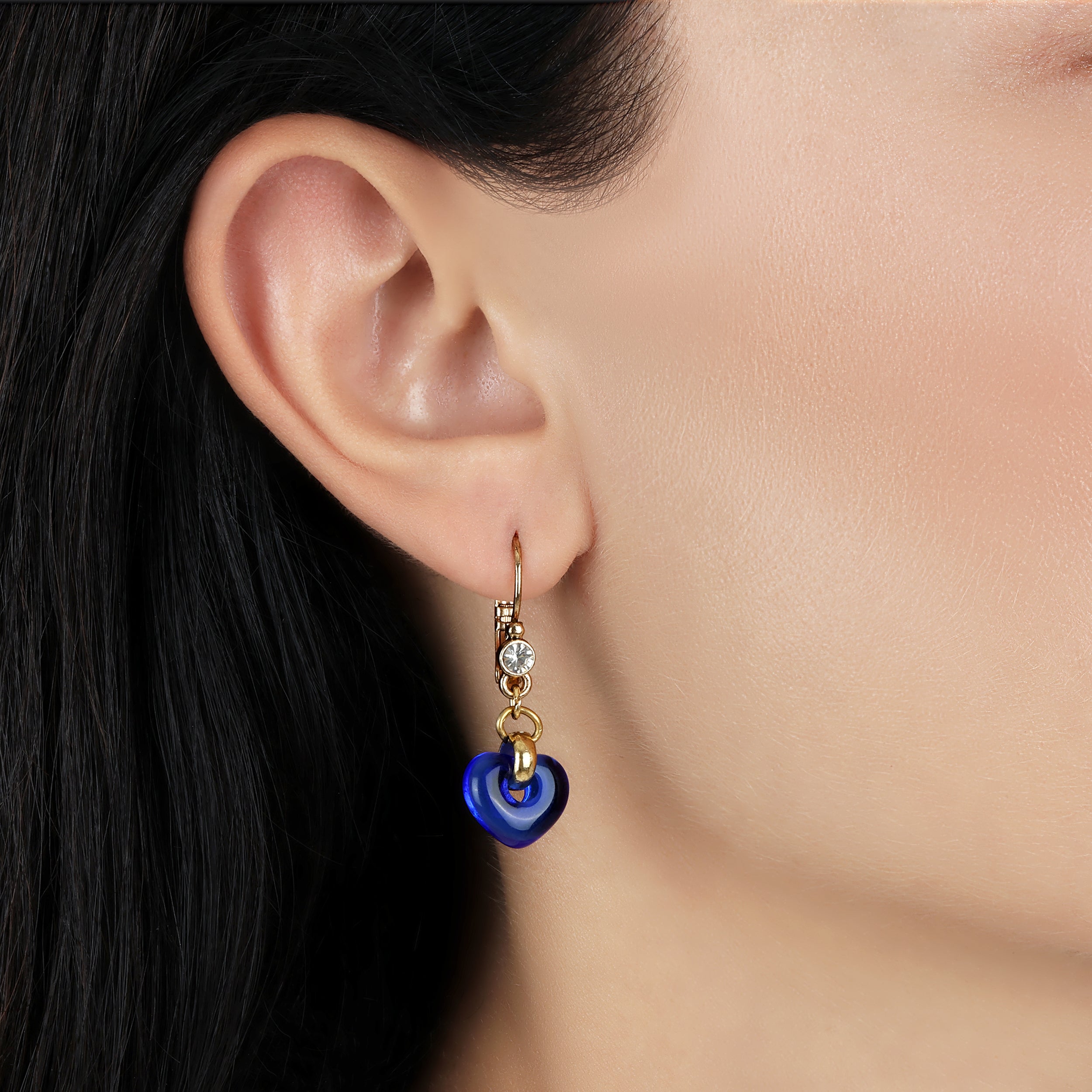 1928 Jewelry Vintage Blue Glass Heart Drop Crystal Earrings