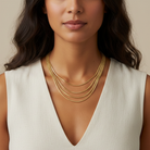Woman wearing a four-layer gold necklace with a neutral background