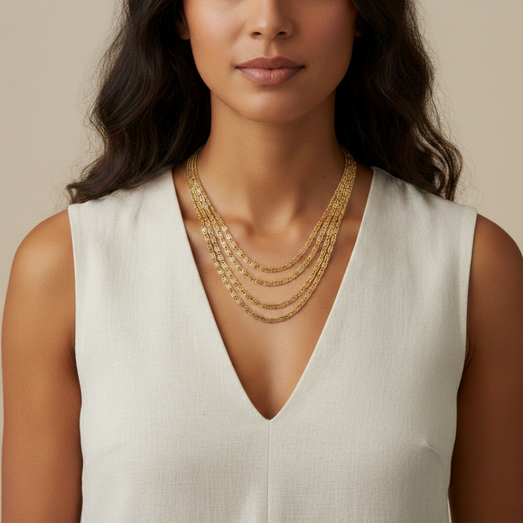 Woman wearing a white sleeveless top and a four-layer gold necklace against a neutral background