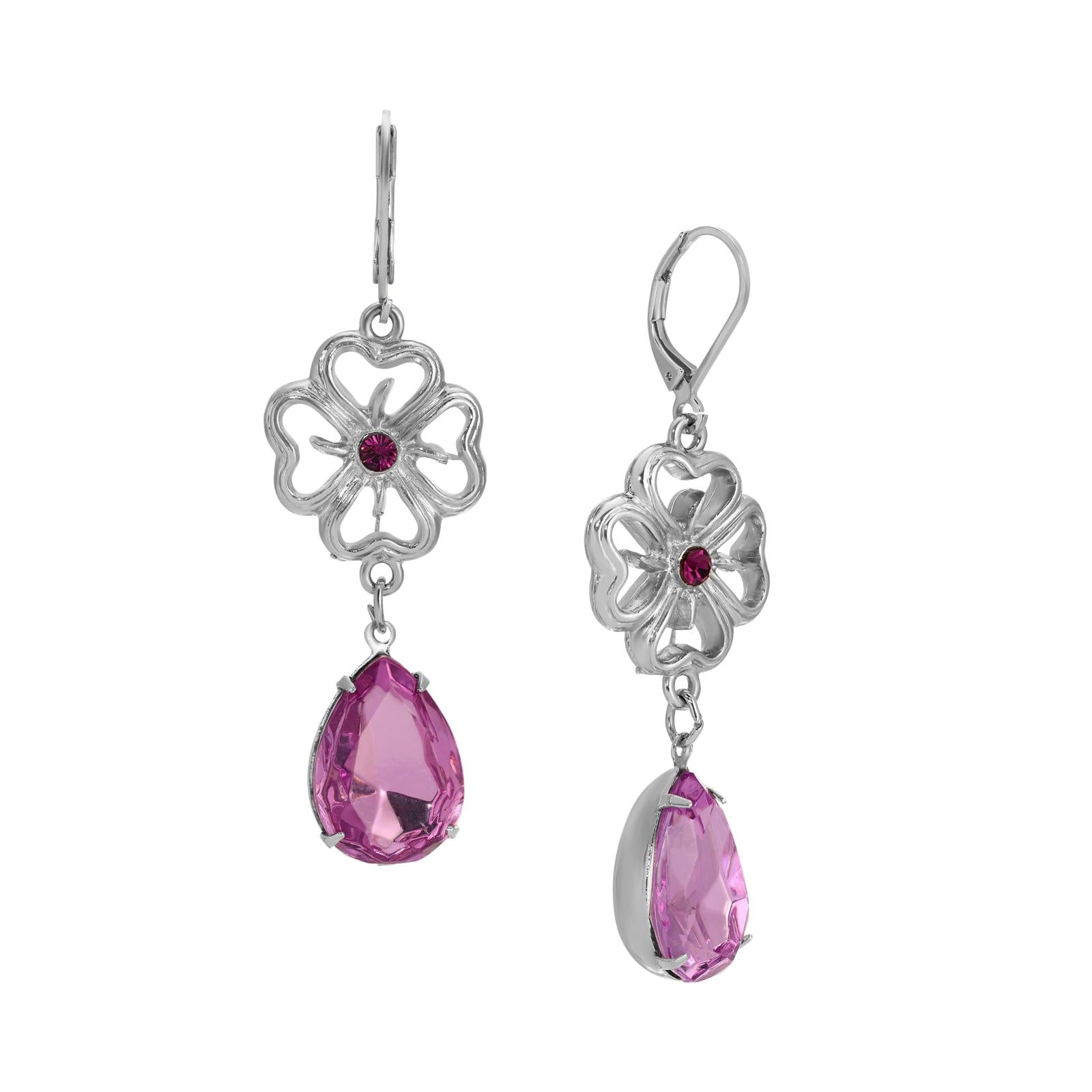 1928 Jewelry Four-Leaf Clover Amethyst Crystal Dangling Earrings