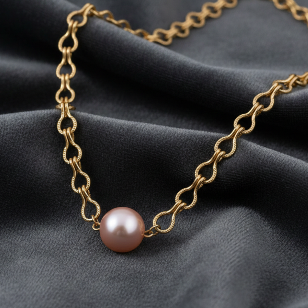 Gold chain necklace with a single pink faux pearl on a dark fabric background