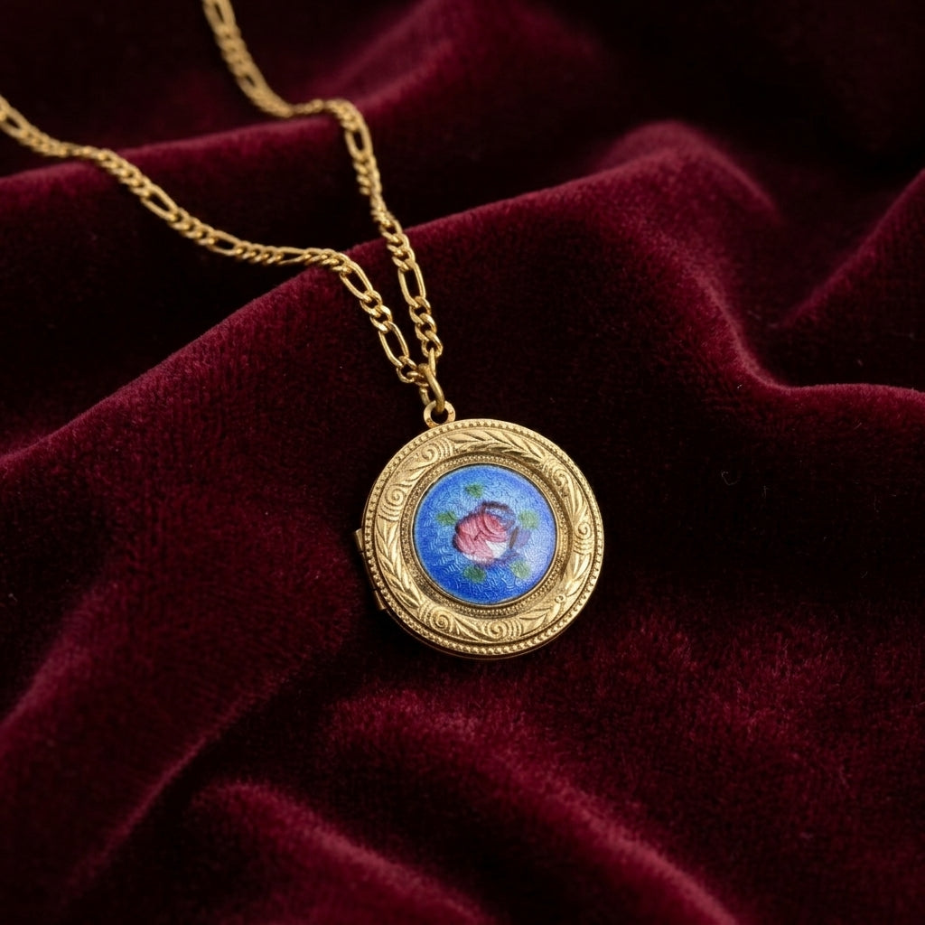 Gold necklace with a round locket pendant featuring a floral design on a red velvet background