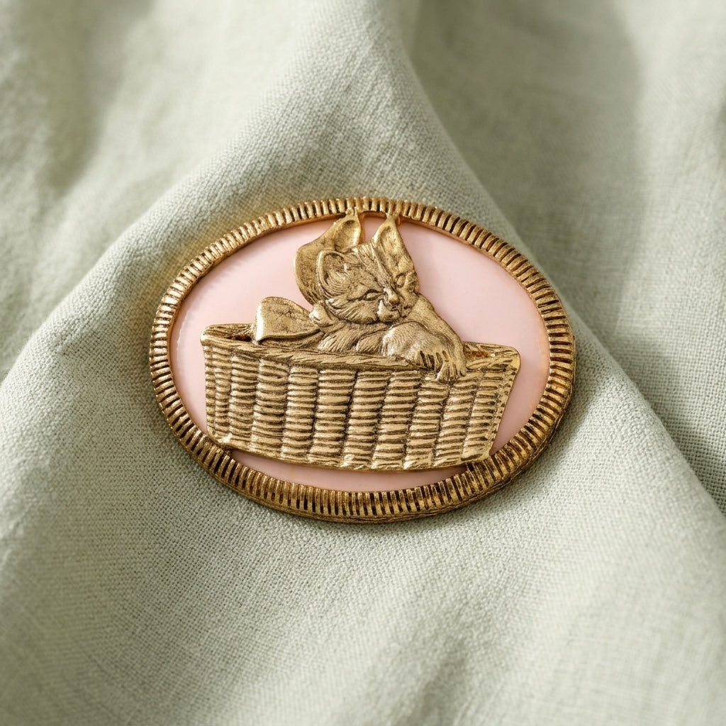 Gold brooch with a cat in a basket on a pink background, set against a light fabric background.