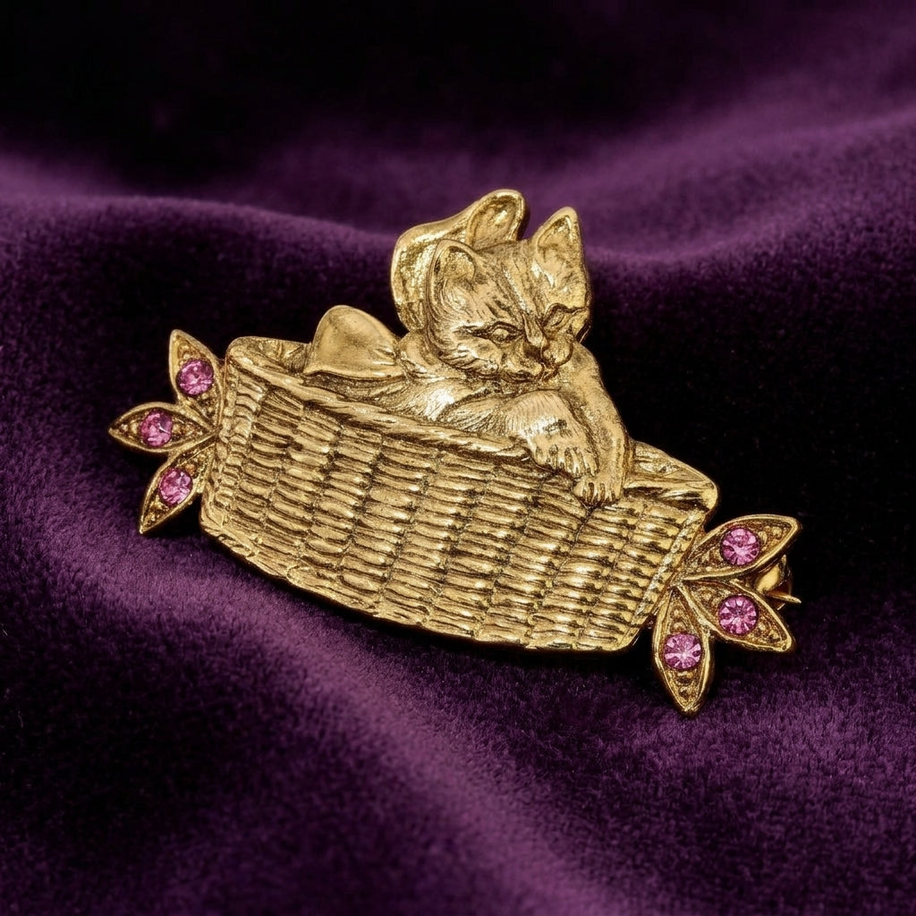 Gold brooch of a cat bowtie in a basket with pink gemstones on a purple fabric background