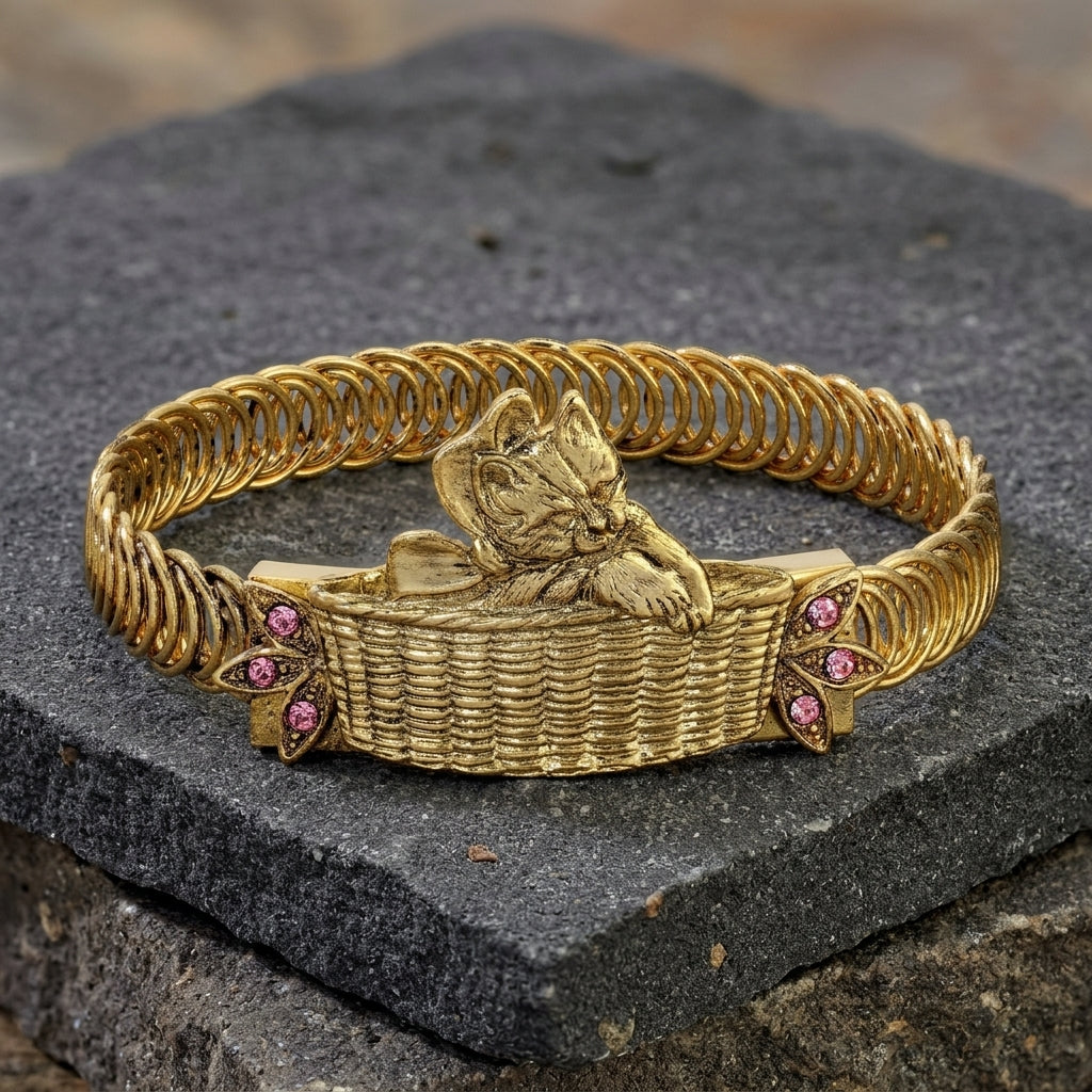 Gold bracelet with a cat design on a dark stone surface