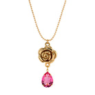 Golden Flower & Pink Glass Teardrop Pendant Necklace 18"