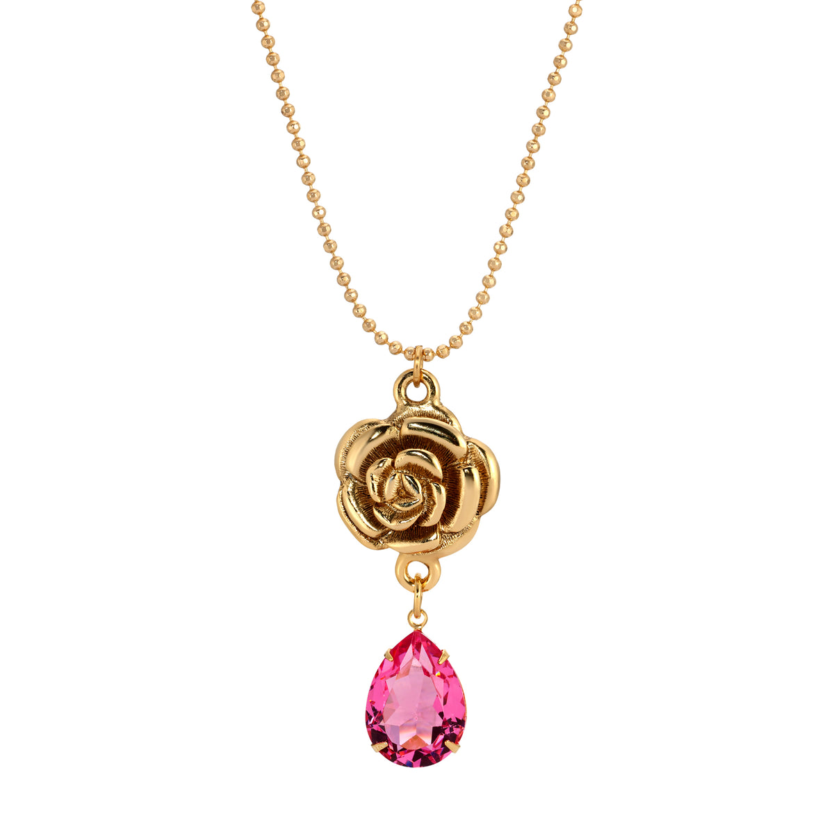 Golden Flower & Pink Glass Teardrop Pendant Necklace 18"