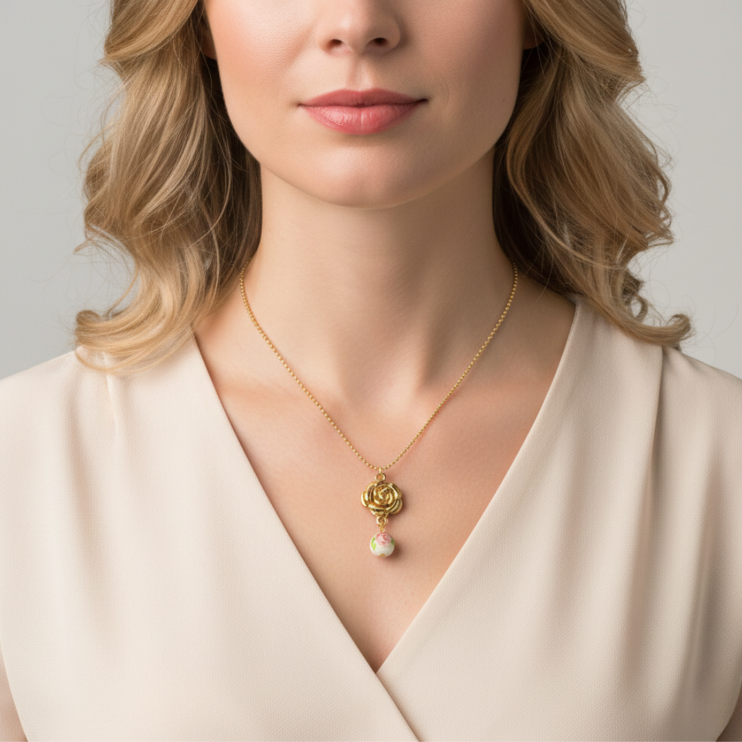 Woman wearing a gold necklace with a floral pendant on a plain background