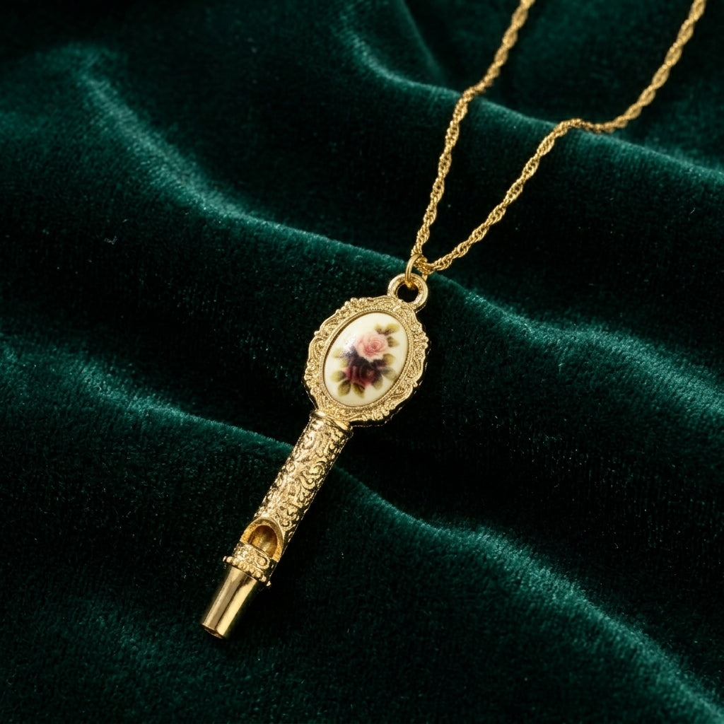 Decorative whistle pendant with floral design on a gold chain against a dark green velvet background