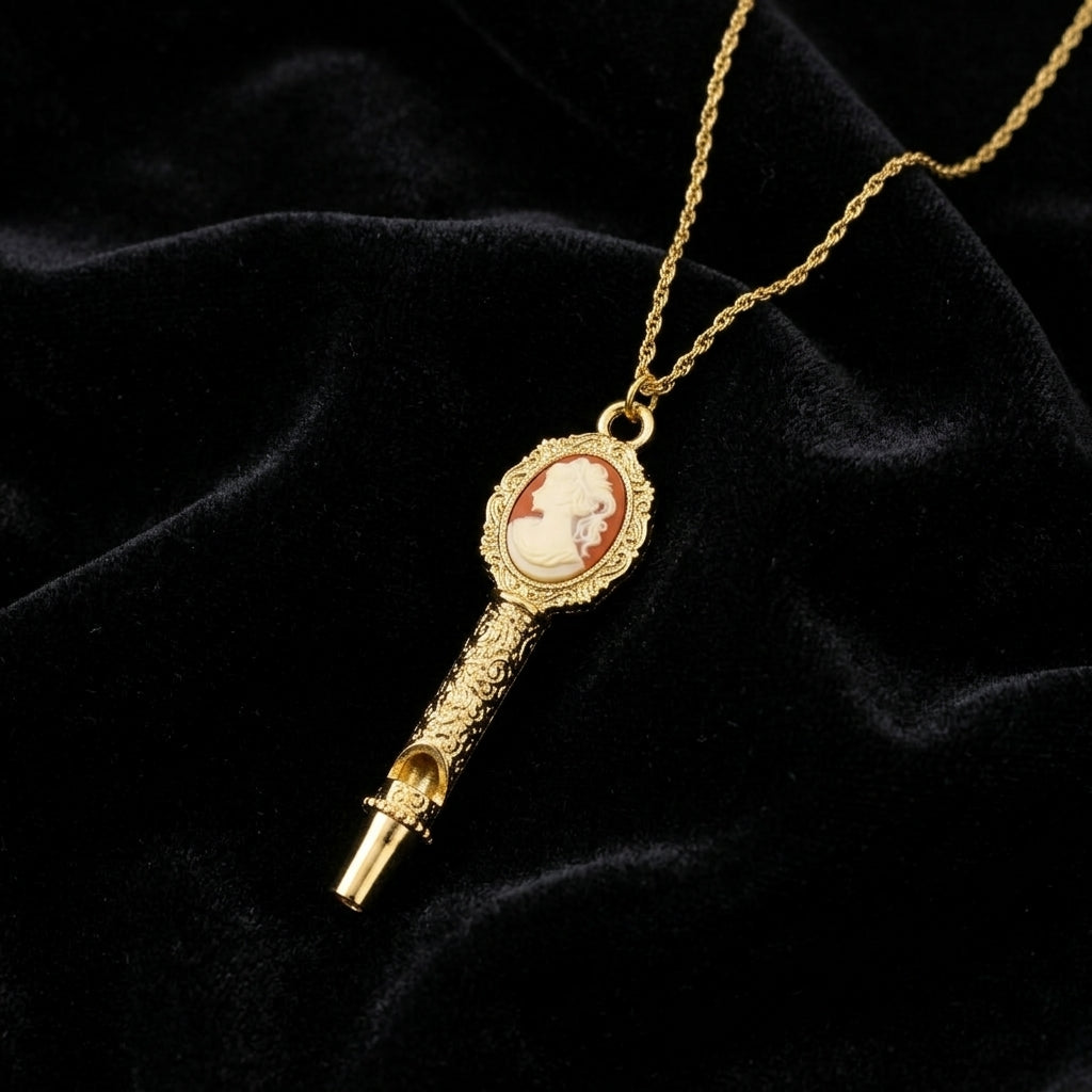 Gold necklace with a cameo whistle pendant on a black velvet background
