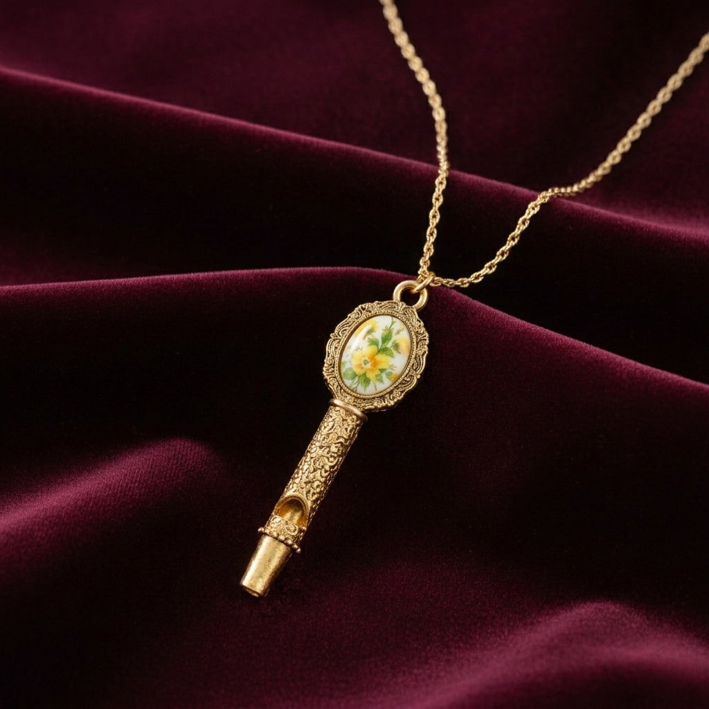 Gold necklace with a decorative whistle pendant featuring a floral design on a purple fabric background
