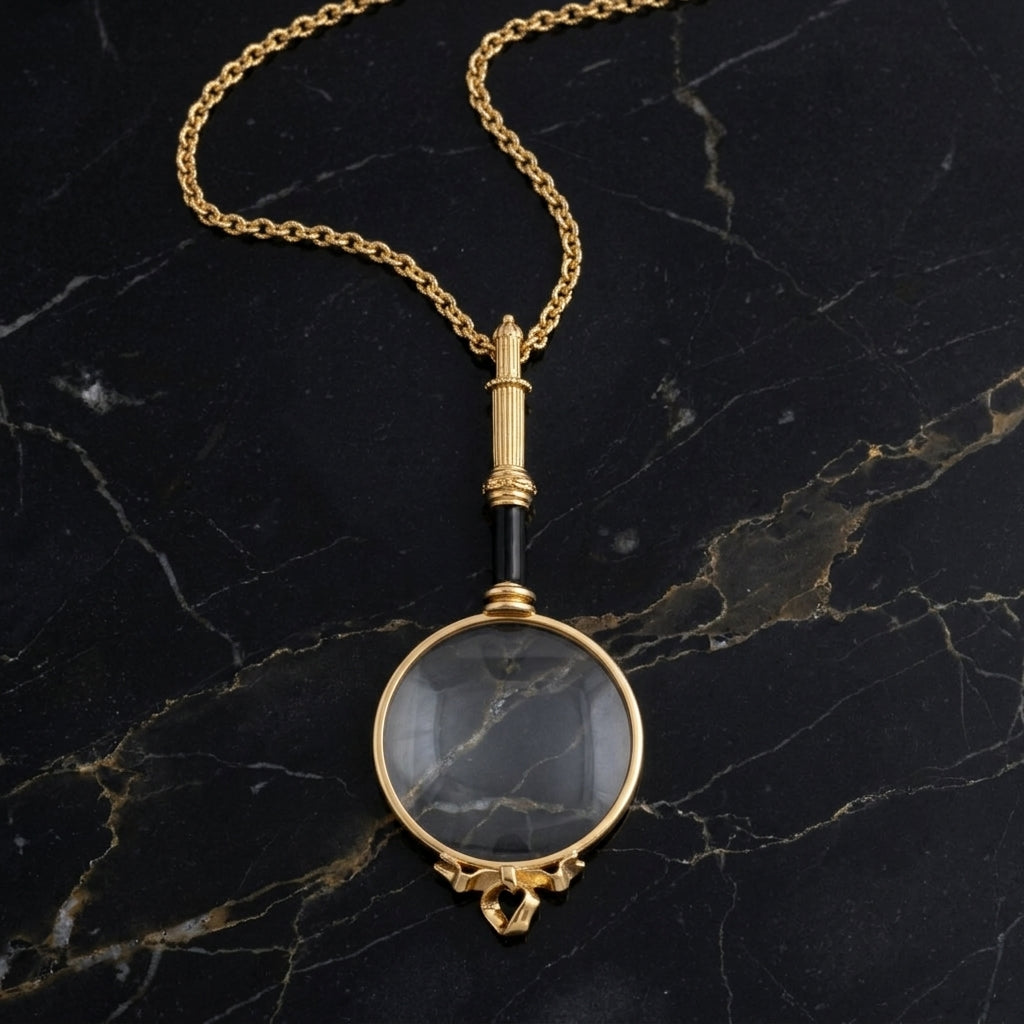 Golden Era Magnification Pendant Necklace resting on black stone 