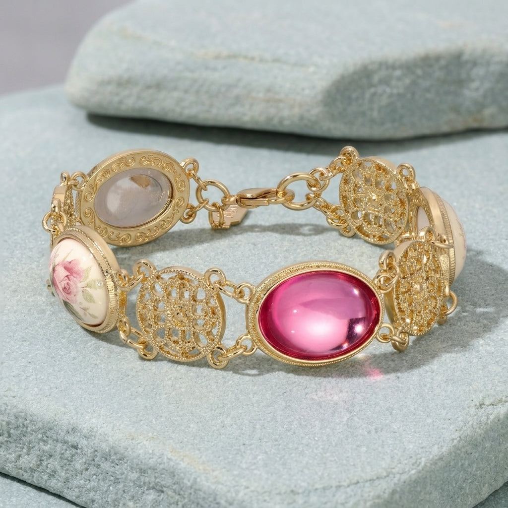 Meso Round Ceramic Rose & Pink Stone Link Bracelet – 1928 Jewelry