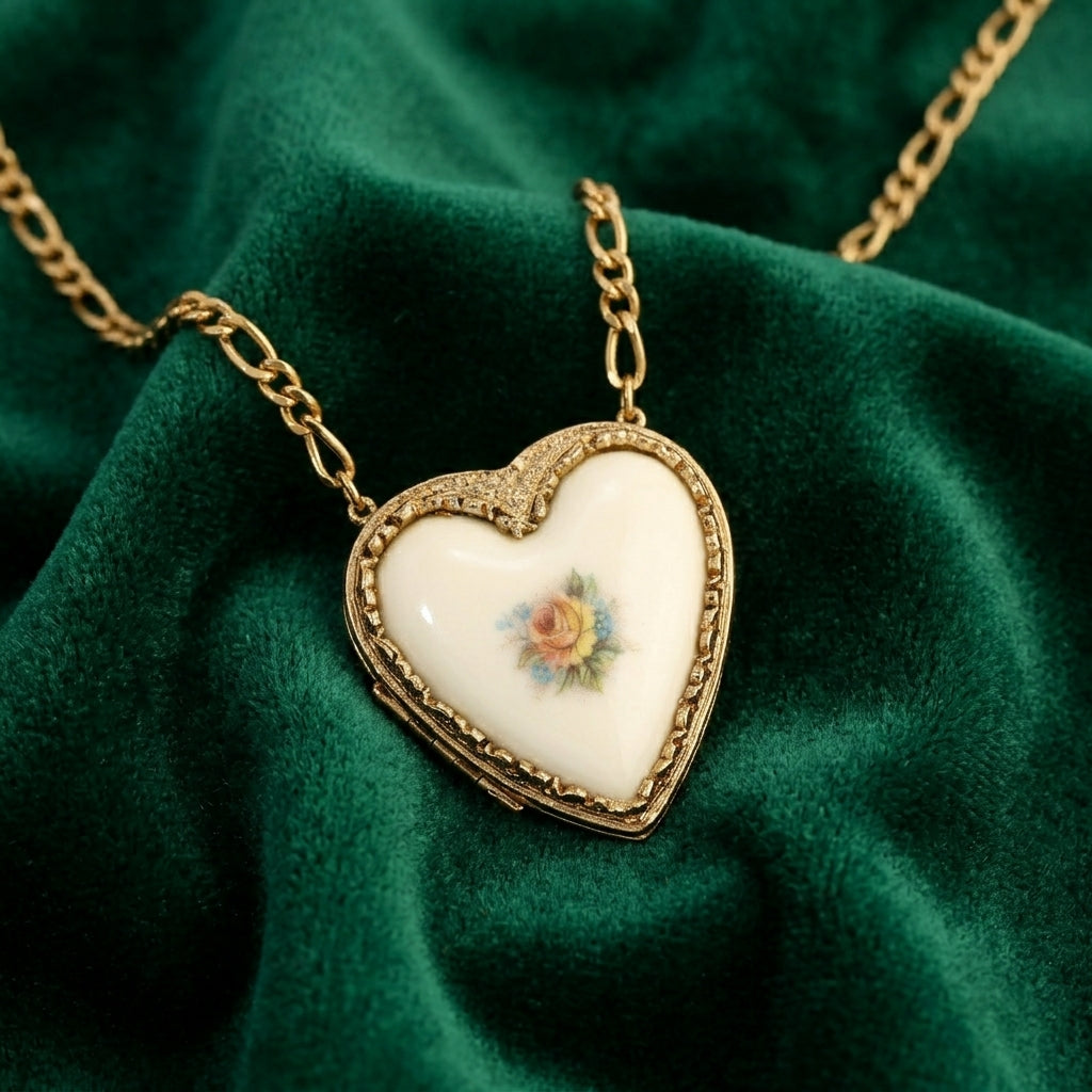 Gold tone Porcelain Heart Rose Motif Pendant Photo Locket Necklace on a green fabric background