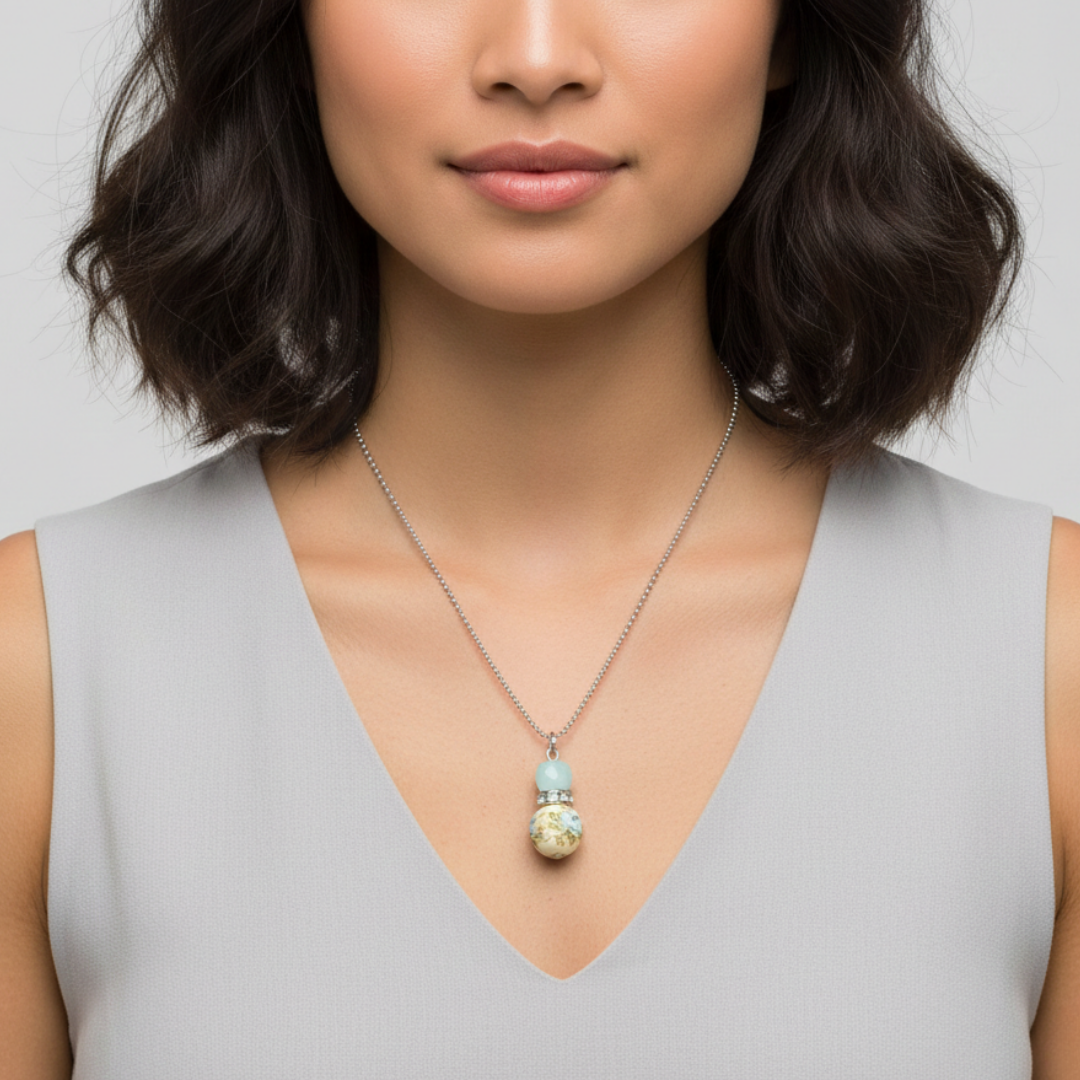 Woman wearing a necklace with a pendant against a neutral background