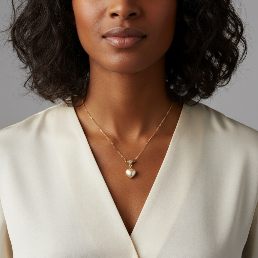 Woman wearing a gold necklace with a heart pendant against a neutral background