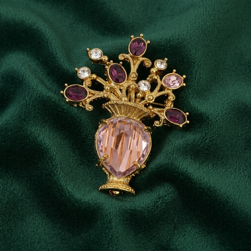 Decorative amethyst floral vase brooch with on a green fabric background