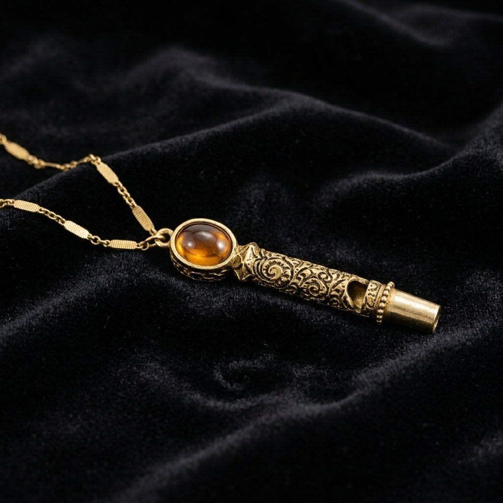 Gold necklace with a decorative whistle and smoked topaz stone pendant on a black fabric background