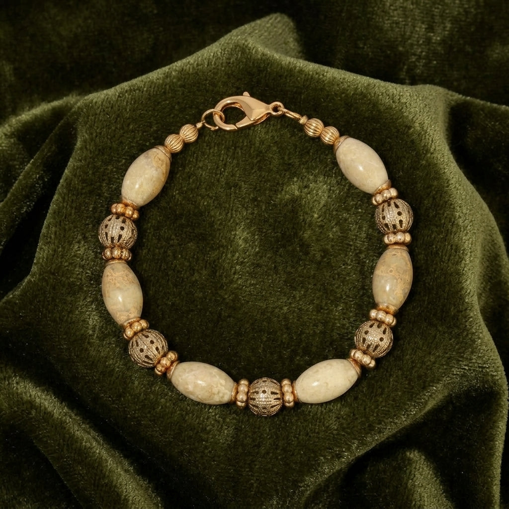 Bracelet with beige beads and gold accents on a green fabric background