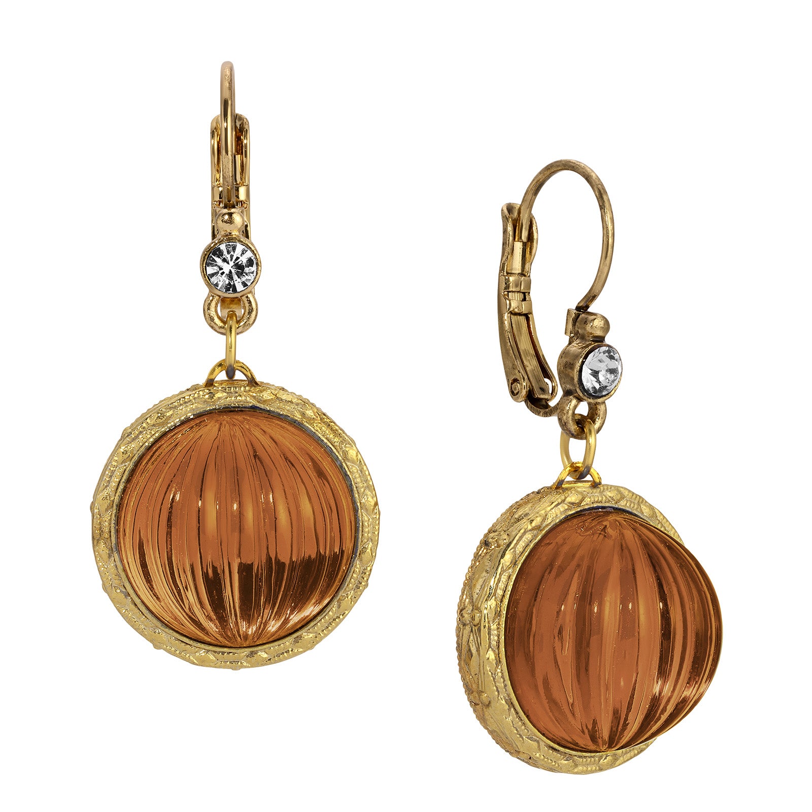A pair of gold leverback earrings with textured gold bezels, clear rhinestones, and ribbed amber-brown glass disc pendants, shown on a plain white background.