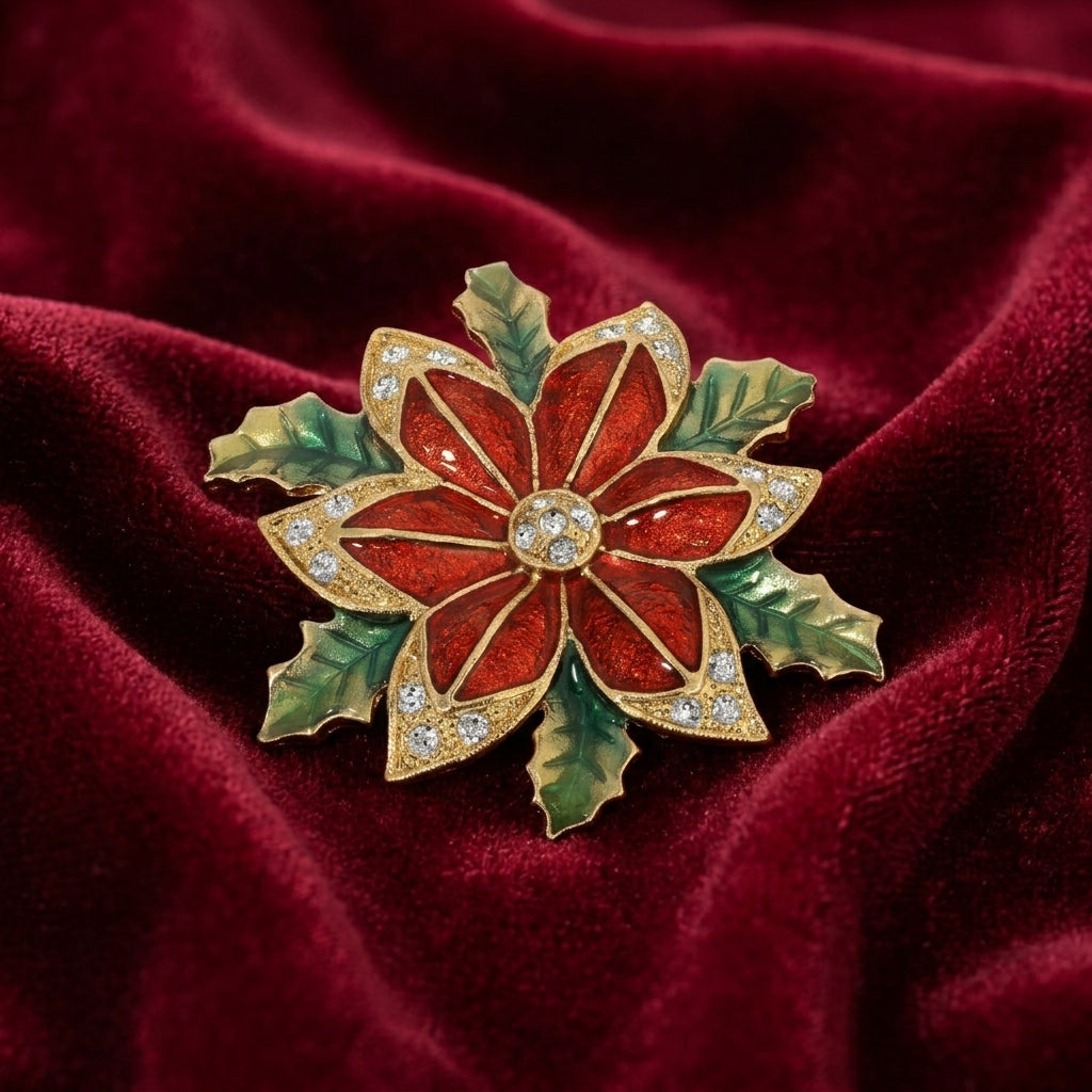 Decorative holiday brooch with red and gold design on a red velvet background