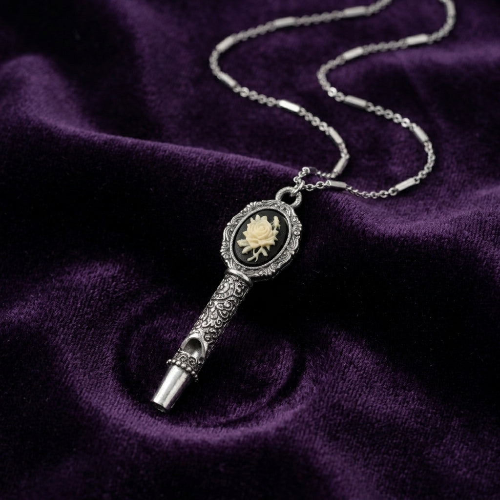 Decorative cameo whistle pendant on a chain against a purple fabric background