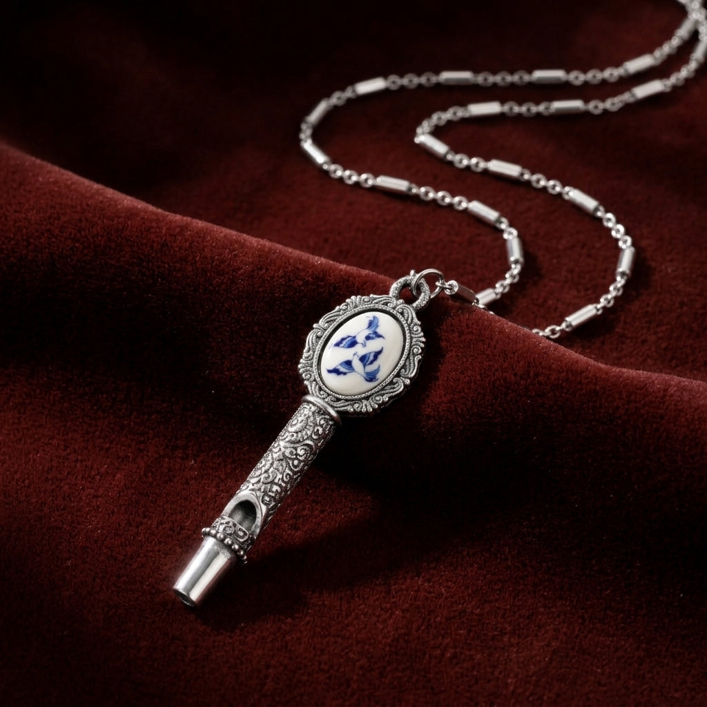 Silver whistle pendant with butterfly design on a chain against a dark background
