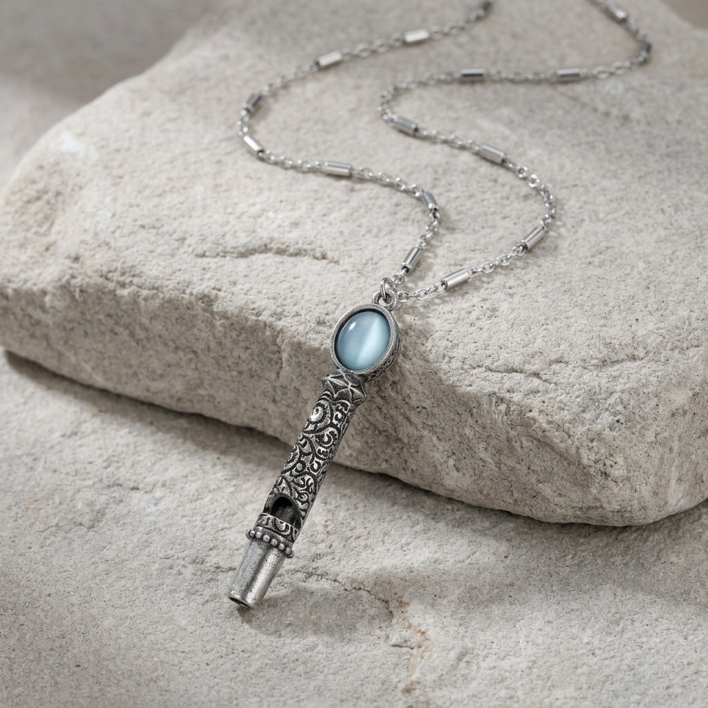 Oval Blue Stone Etched Whistle Pendant Necklace resting on stone