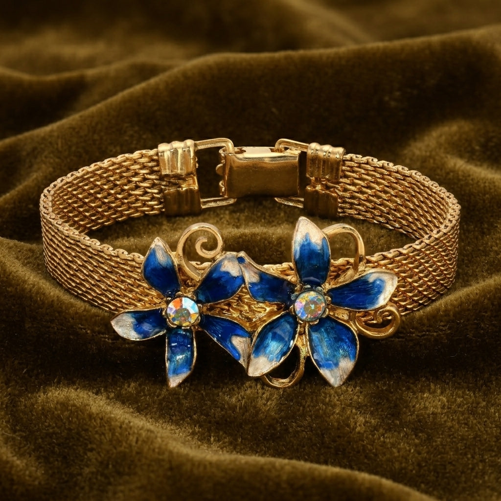 Gold bracelet with blue flower charms on a brown fabric background