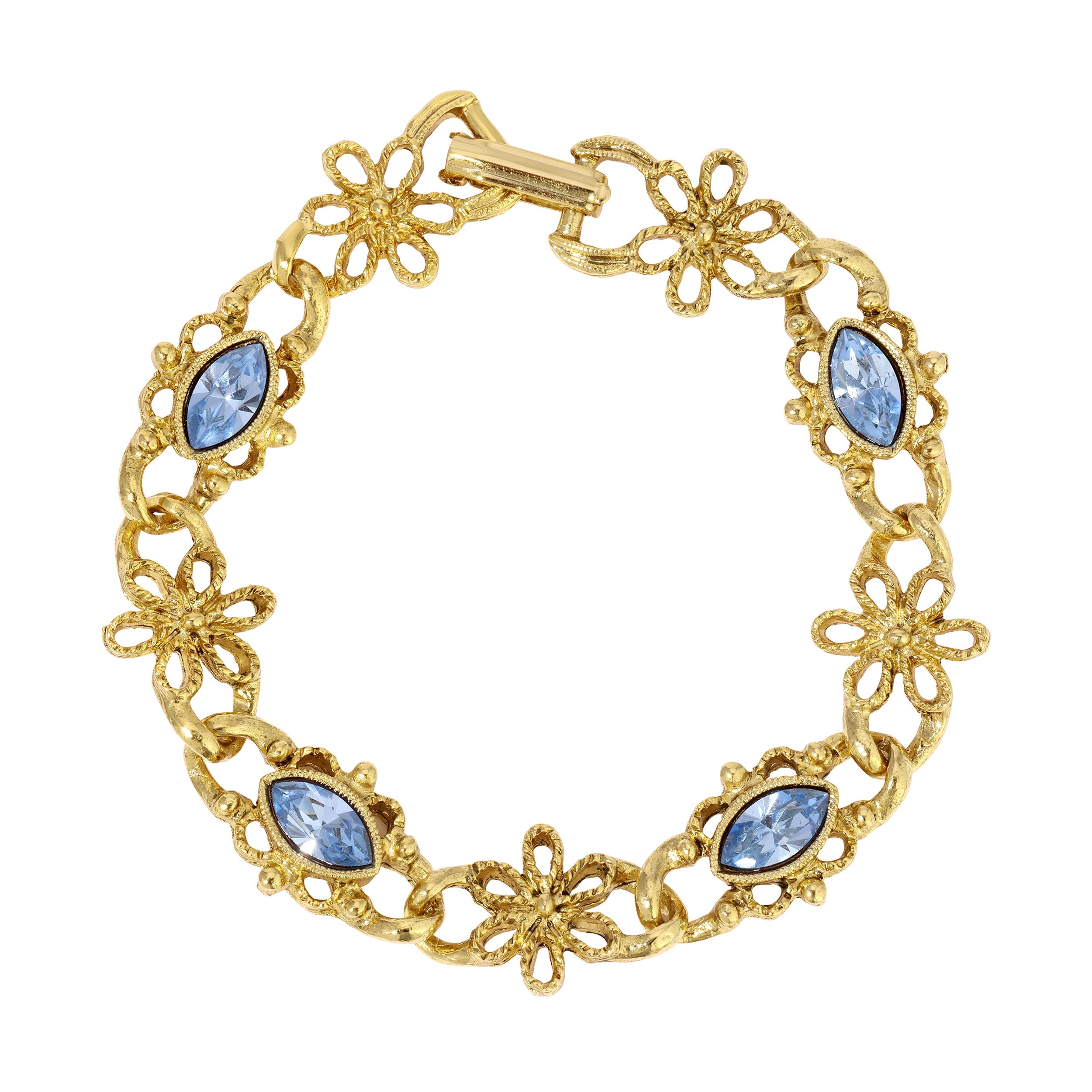 1928 Jewelry Light Sapphire Blue Navette Crystal Blossom Filigree Link Bracelet