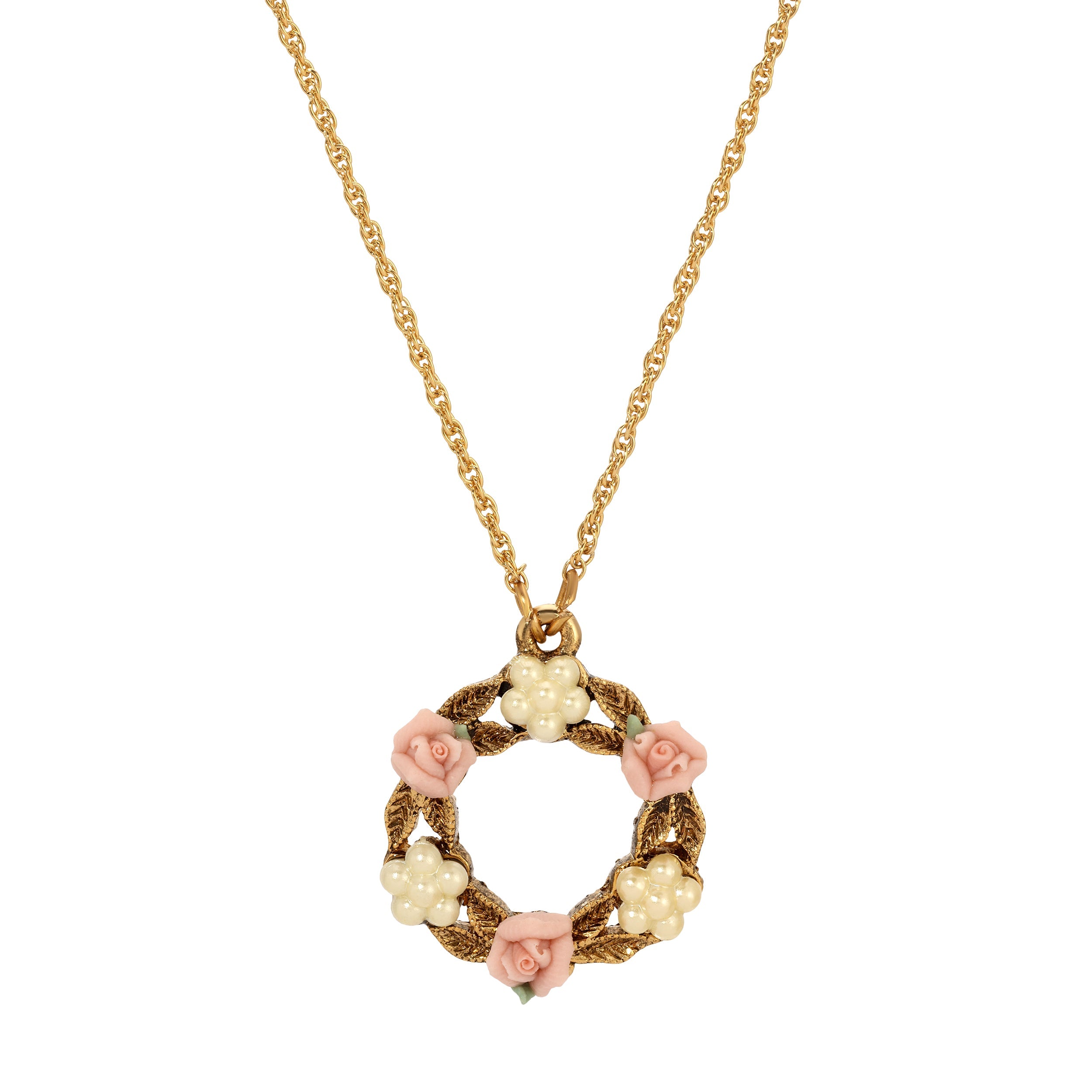 1928 Jewelry Porcelain Rose & Faux Pearl Flowers Pendant Necklace 16" + 3" Extension