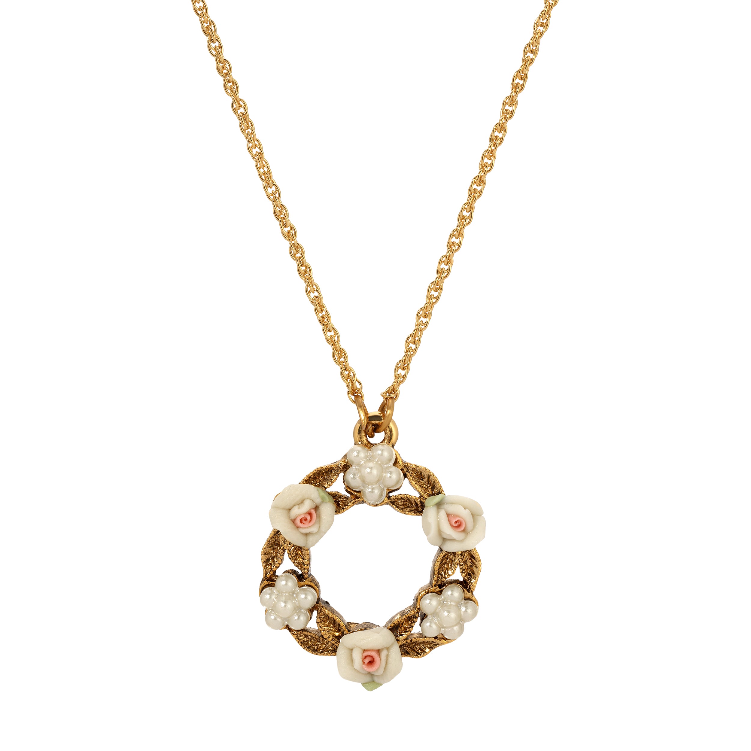 1928 Jewelry Porcelain Rose & Faux Pearl Flowers Pendant Necklace
