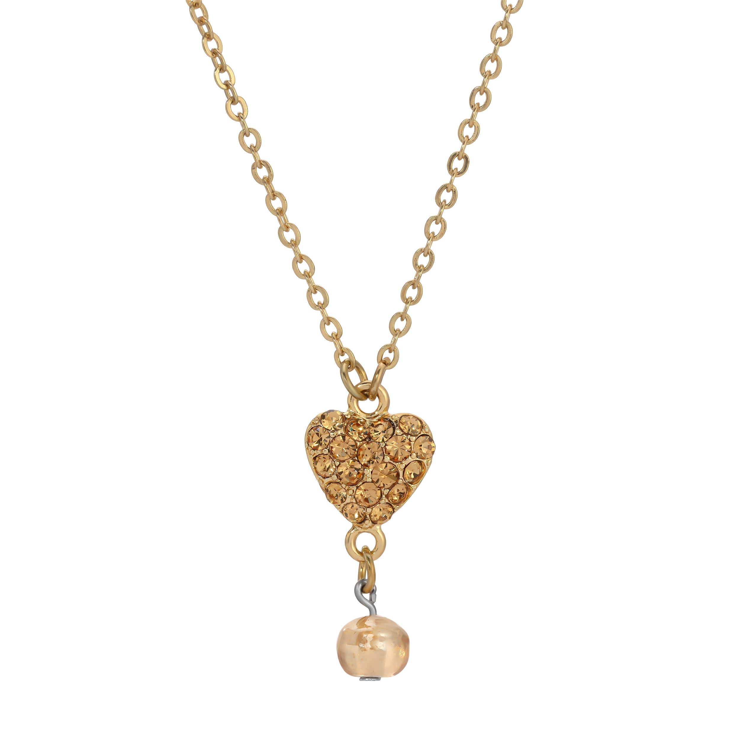 1928 Jewelry Topaz Pave Crystal Heart Pendant Champagne Bead Drop Necklace 16" + 3" Extension