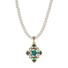 1928 Jewelry Pearl Strand Multi Crystal Filigree Pendant Necklace 15" + 3" Extension