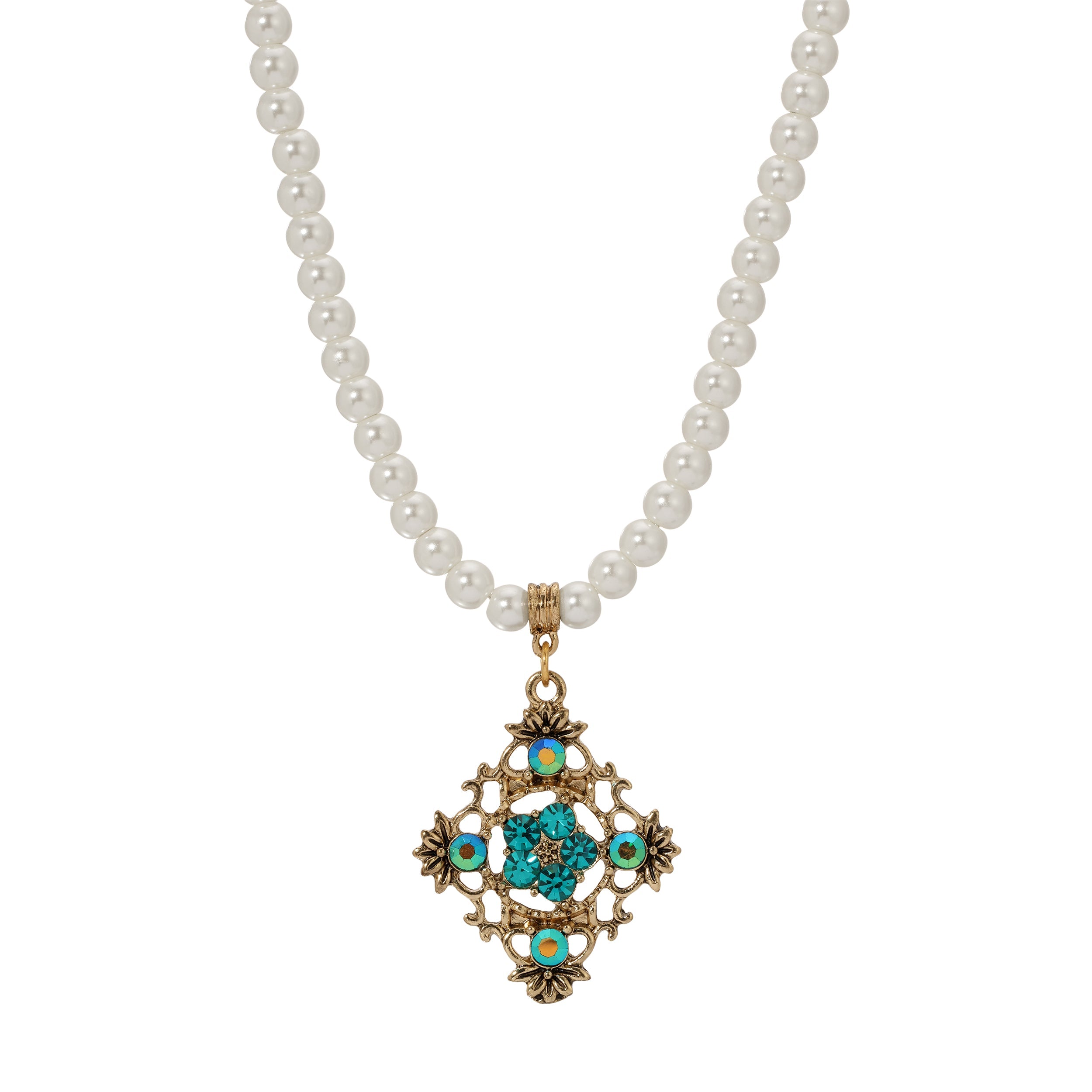 1928 Jewelry Pearl Strand Multi Crystal Filigree Pendant Necklace 15" + 3" Extension