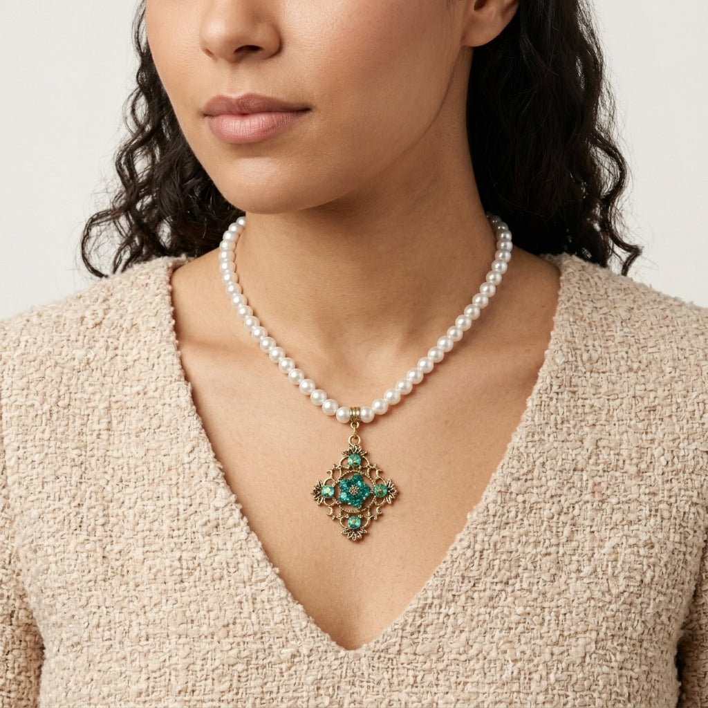 Pearl Strand Multi Crystal Filigree Pendant Necklace worn by a woman with a textured beige top against a neutral background