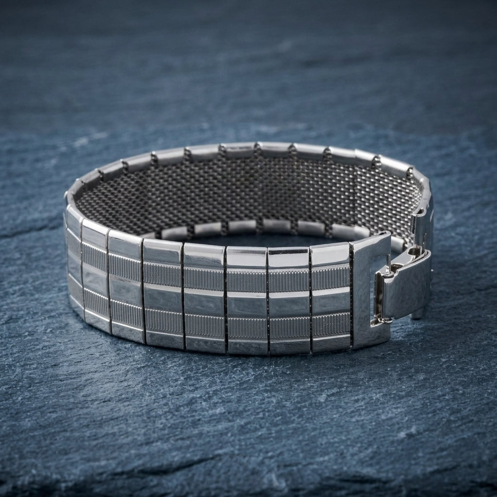 Silver mesh bracelet on a dark textured stone surface
